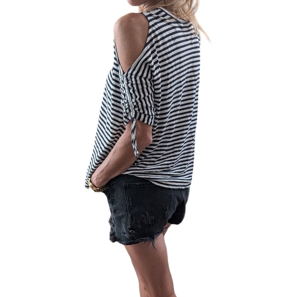 ALLSAINTS Harper LINEN COTTON Striped Cold Shoulder T-Shirt Ink Blue Size XS - Picture 4 of 14